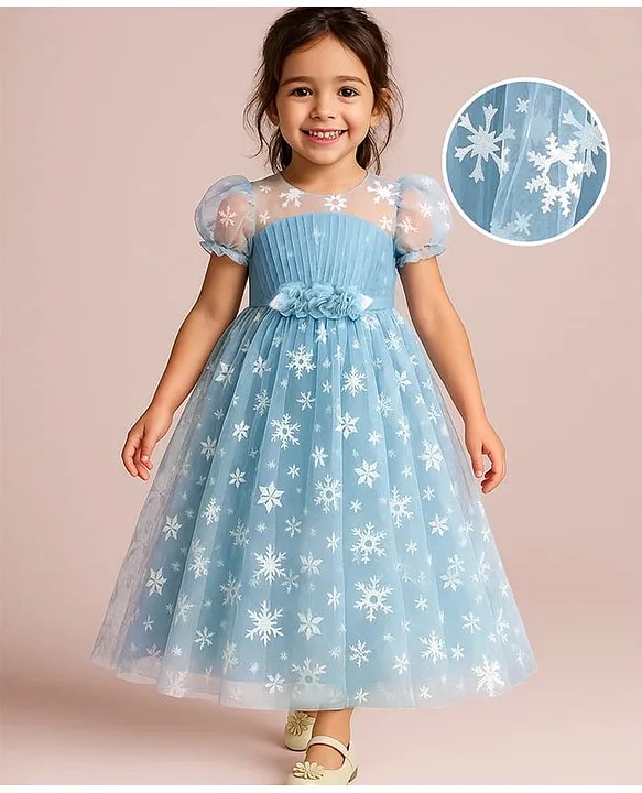 Babyhug Short Sleeves Snowflakes Printed with Corsage Frock - Frozen Blue